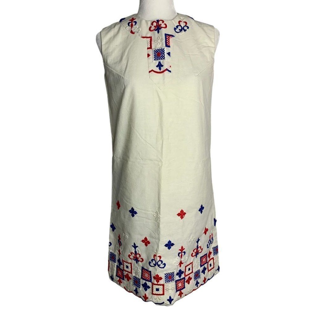 Vintage 60s Linen Shift Dress S White Embroidered Sleeveless Lined Metal Zipper